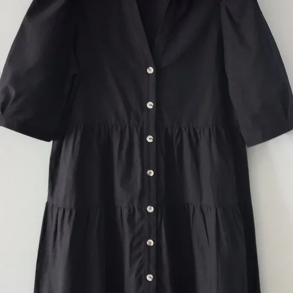 ESQUALO black cotton/linen tiered dress with puff sleeves - Picture 3 of 12